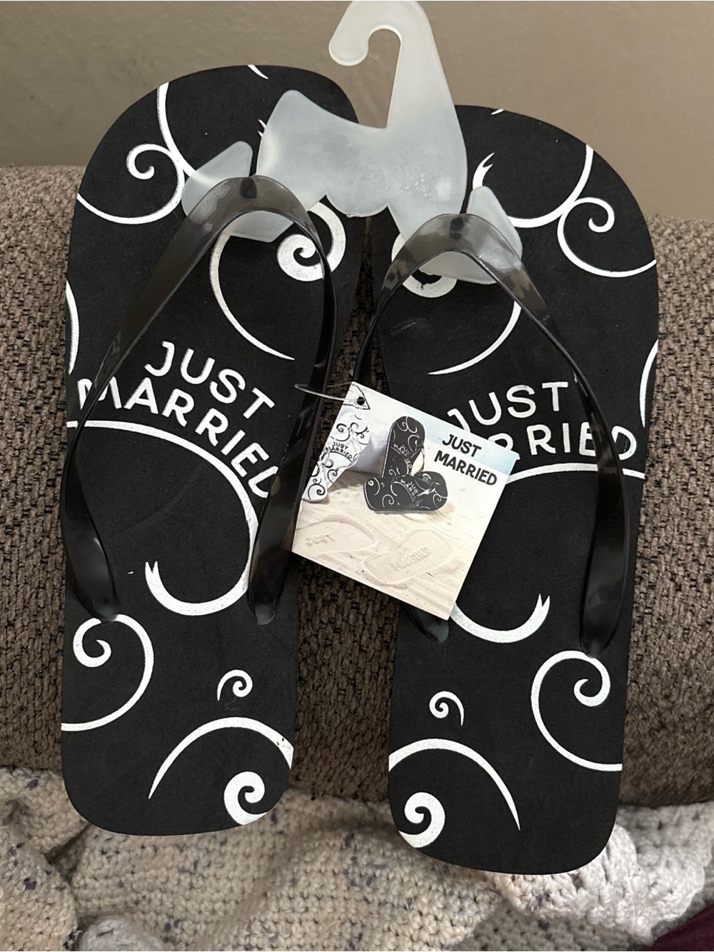 Just Married Black & White Flip Flops Size 10